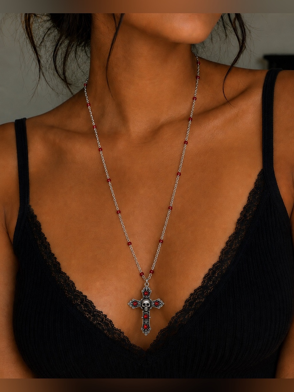 Silver Cross Pendant Necklace with Red Bead Accents NWT